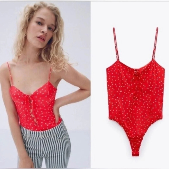 NWOT ZARA Red Satin Laced V-NECK Viscose Blend Stars Print BODYSUIT SIZE Large - Picture 1 of 8